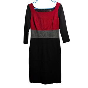 WHBM Women 6 Red Black Color Block Gray 3/4 Sleeve Lined Sheath Midi Dress